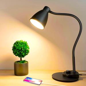 BOHON LED Desk Lamp with USB Charging Port 3 Color Modes Dimmable Reading Light Intelligent Induction Auto Dimming Task Lamp Neck Flexible Table Lamp for Bedside Office, AC Adapter Include