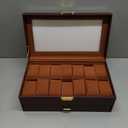 Watch Case Box for Men 14 Slots Watch Display Organizer with 6-Compartment Eyeglasses Storage, Real Glass Lid 2-Layer PU Leather Collection Holder Gift for Loved Ones Brown