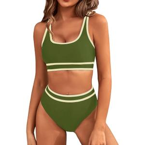 BMJL Women's High Waisted Bikini Sets Sporty Two Piece Swimsuits Color Block Cheeky High Cut Bathing Suits (Large, Army Green011)