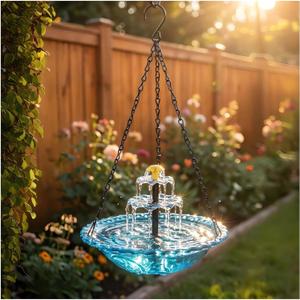 2026 Solar Cascade Hanging Bird Bath Fountain Solar Powered Birdbath Water Fountain Pumps Dispenser Outdoors Decor Hummingbird Bath Shower Bowl Kit Garden Gift Yard Patio Backyard Decoration (Blue)
