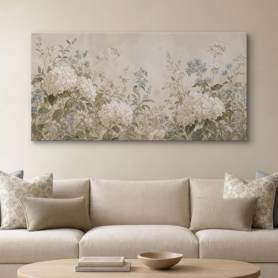 SENROLAN Hydrangea Floral Canvas Wall Art, Cream White and Dusty Blue Botanical Print, Large Panoramic Vintage Garden Decor for Living Room Bedroom, Ready to Hang, 58 x 29 Inches