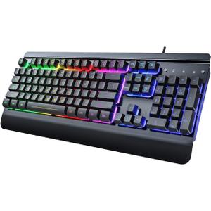 RisoPhy Gaming Keyboard, 104 Keys All-Metal Panel, Rainbow LED Backlit Silent Computer Keyboard, Wrist Rest, Multimedia Keys, Anti-Ghosting, Waterproof Light Up Wired Keyboard for PC Mac Gamer (black)