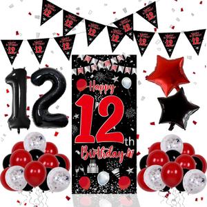 12th Birthday Decorations Boy, Red Black Happy 12th Birthday Decorations for Boys Girls, 12 Year Old Birthday Door Banner, Triangle Flag, Large Number 12 Balloons Decor Boy Twelve Bday Party Supplies