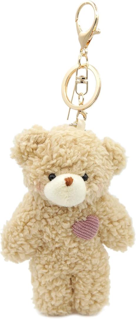 Bear Plush Keychain Toys for Kids with Purple Heart 5" Inch Stuffed Teddy Plushie Backpack Purse Pendant Gift for Girls (B-Brown-Heart)