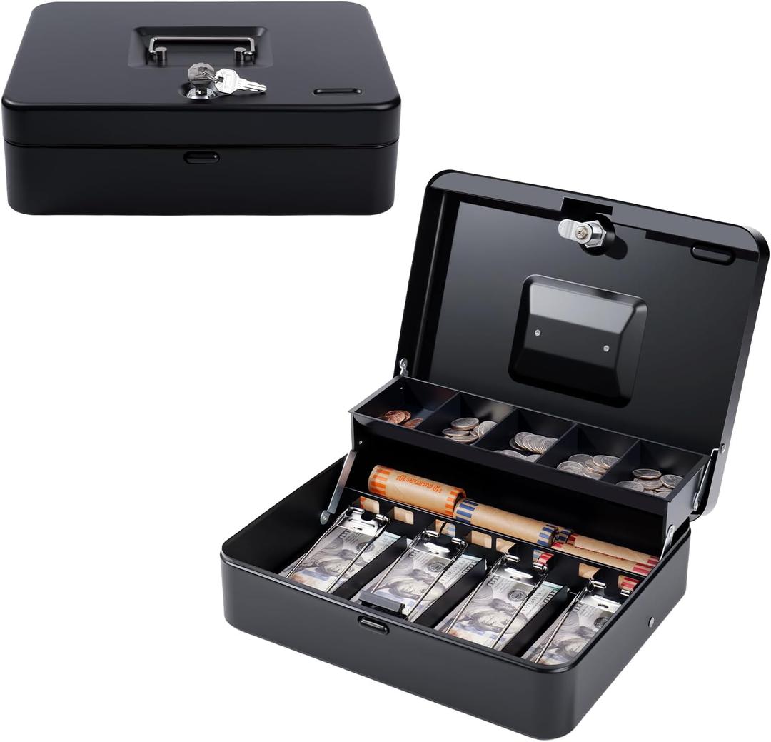 Cash Box with Money Tray and TOP Key & Push-Button Lock, Money Saving Lock Box, Safe Locking Box for Cash Register XL 11.8"x9.45"x3.54" Black