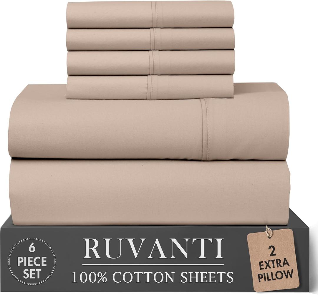 RUVANTI 100% Cotton Full Sheet Set, Percale Full Size Sheets, Sand Stone