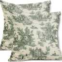 aportt French Country Pillow Covers Set of 2 20x20 Inch Vintage Toile Green Cotton Linen Polyester Decorative Throw Pillow Case Cushion Cover for Bedroom Sofa Living Room Couch Chair Office (20" x 20" (Pack of 2))