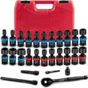 LLNDEI 27Pcs 3/8" Drive Swivel Impact Socket Set, CR-MO Swivel Socket Set Metric(8-22mm)& SAE(5/16-3/4),6 Point Wobble Socket Set with Ratchet Wrench, Extension Bar and Adapters.