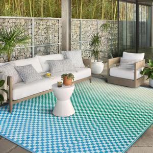 Wonnitar Waterproof 9x12 Outdoor Rug - Blue Yellow Gradient Geometric Patio Rug, Extra Large Plastic Straw Carpet for Balcony Beach Garden Deck, Reversible Outdoor RV Camping Mat