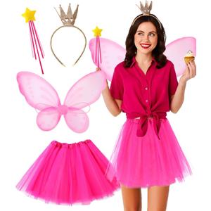 Mepase 4 Pcs Halloween Fairy Costume for Women Book Character Teacher Accessories Wing Tutu Skirt Crown Hairband Magic Wand