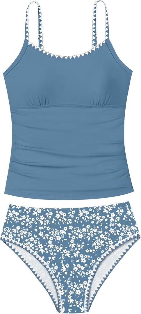 Girls Swimsuit Solid Color Tankini Contrast Trim Swimwear 2 Piece Bathing Suit Padded Swimsuits for Teens (9-10 Years, Blue+floral)
