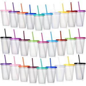 Hsei Reusable Plastic Tumbler with Straw and Lid Bulk -clear Plastic Cups with Lid and Straw for Iced Coffee Water Smoothie Water Bottle Travel Mug Cup for Birthday Party Gifts(28 Pack,16 oz)