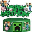 Pixel Styled Cake Decorations, Cartoon Happy Birthday Cake Topper, Video Game Themed Party Supplies for Boys & Girls (Green)