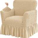 Stretch Seersucker Armchair Slipcovers with Skirt, 1-Piece Chair Cover with Arms, Soft Stretch Accent Chair Slipcovers, Non-Slip Washable Furniture Protector for Living Room Decor (Dark Beige)