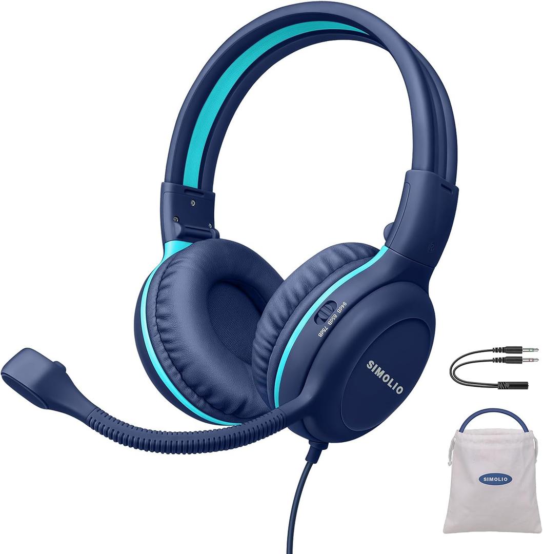 SIMOLIO Wired Headphones for School with Microphone, Stereo Kids Headphone with Flexible Swivel Boom Mic for Student K12 & Teacher & E-Learning, 3 Levels Volume Limiter Gaming Headsets for Boys, Girls