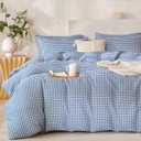 Grid Comforter Set Queen Blue Soft Luxury Washed Microfiber 3 Pieces Bedding Set, White Blue Grid Pattern Comforter with 2 Pillowcases Breathable Durable Comfy