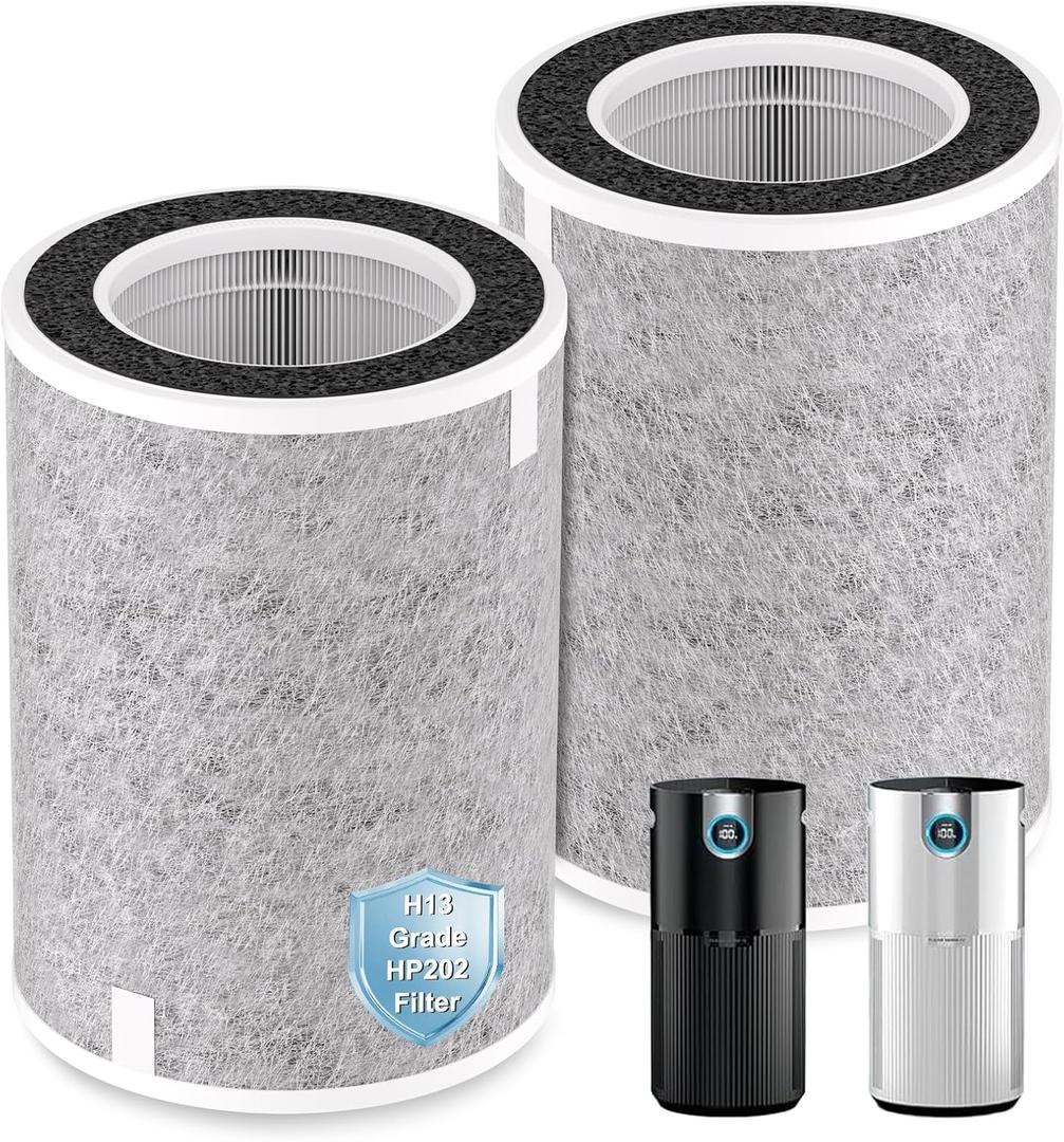 HP202 HP201 Replacement Filter Compatible with Shark HP200 HP300 Series & HC502 Air Puri-fier MAX, HP232 HP301 HP302 HC502, H13 True HEPA & Active Carbon Filter, Part # HE2FKBAS, HE2FKBASMB, 2 Pack