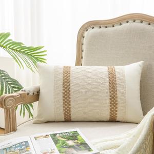 Lumbar Throw Pillow Covers 12 x 20 Inch 1PC for Farmhouse Living Room, Cotton & Burlap Textured Striped Woven Boho Pillow Covers (Beige & Brown, Double Striped)