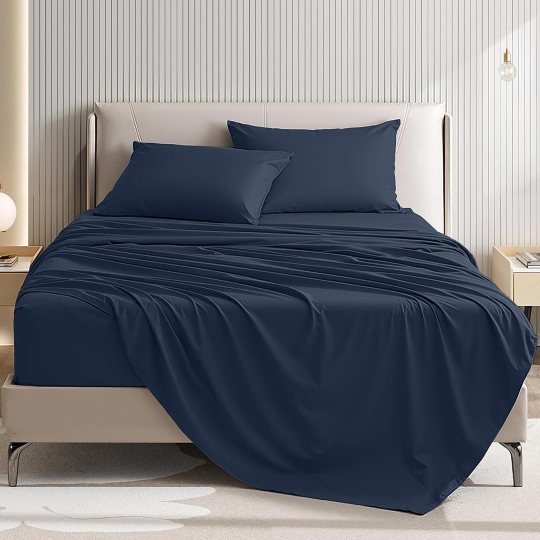 Queen Size 4 Piece Sheet Set - Comfy Breathable & Cooling Bed Sheets Set, Soft and Wrinkle Free, Deep Pockets, Easy & Secure Fit, Hotel Luxury Bedding for Women, Men - Oeko-Tex - Navy Blue