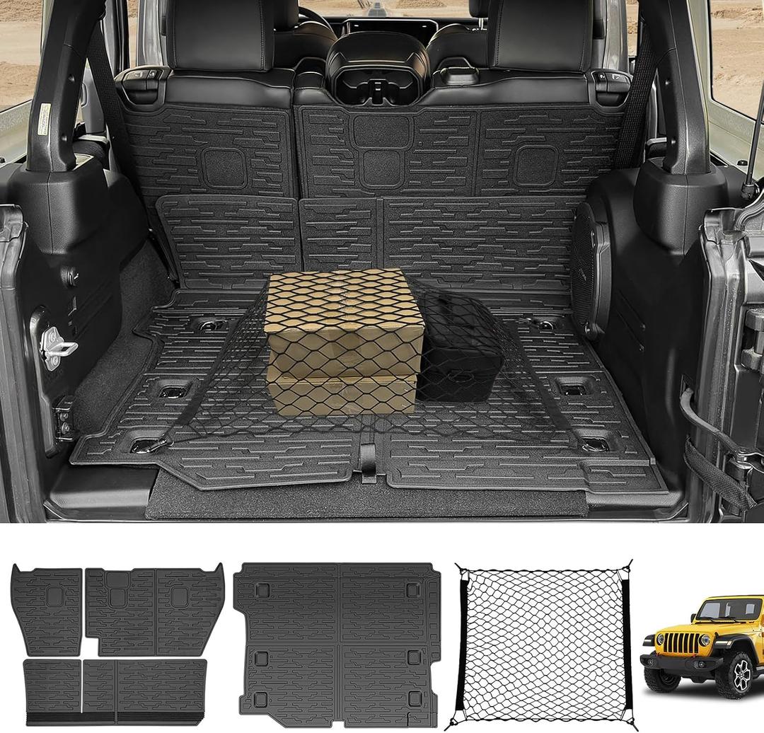 Cargo Mats & Trunk Net for 2018-2024 Jeep Wrangler JL Unlimited 4X4 Trunk Mat Backrest Liner with Cargo Net All Weather Rear Back Seat Mat Cargo Net for Wrangler JL 4 Door Accessories Only