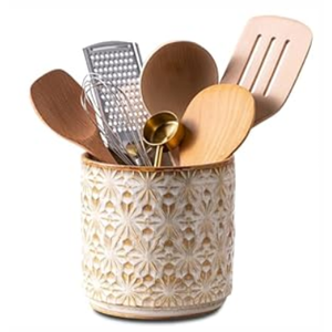Noevany Utensil Holder Rustic Farmhouse Ceramic Utensil Crock for Countertop - 5.3" Handcrafted Kitchen Cooking Utensil Crocks with Cork Base, Natural Finish for Kitchen Tools Storage
(Wheat Brown)