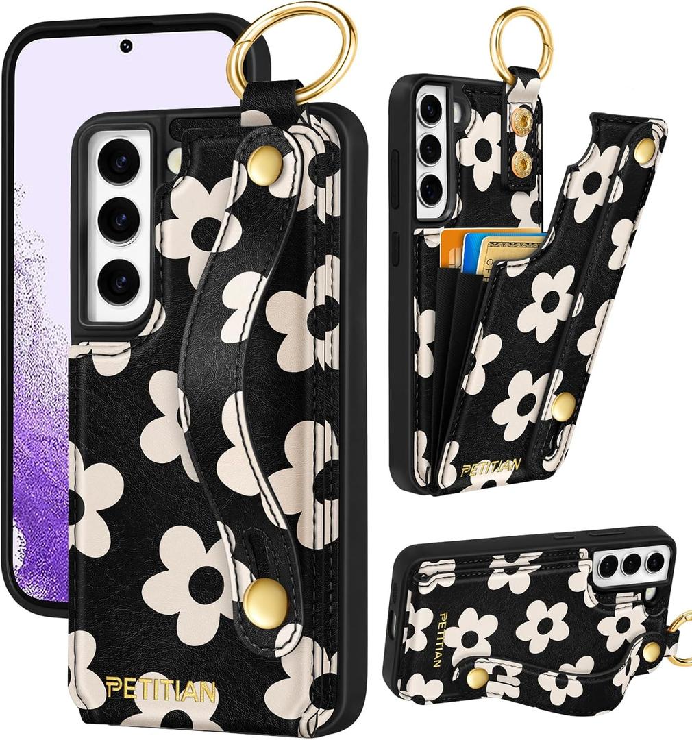 Petitian for Samsung Galaxy S22 Wallet Stand Case - Women Girls Cute Girly Aesthetic Unique Design Leather Credit Card Holder Cardholder Stand Wristband for Galaxy S22, White Flowers