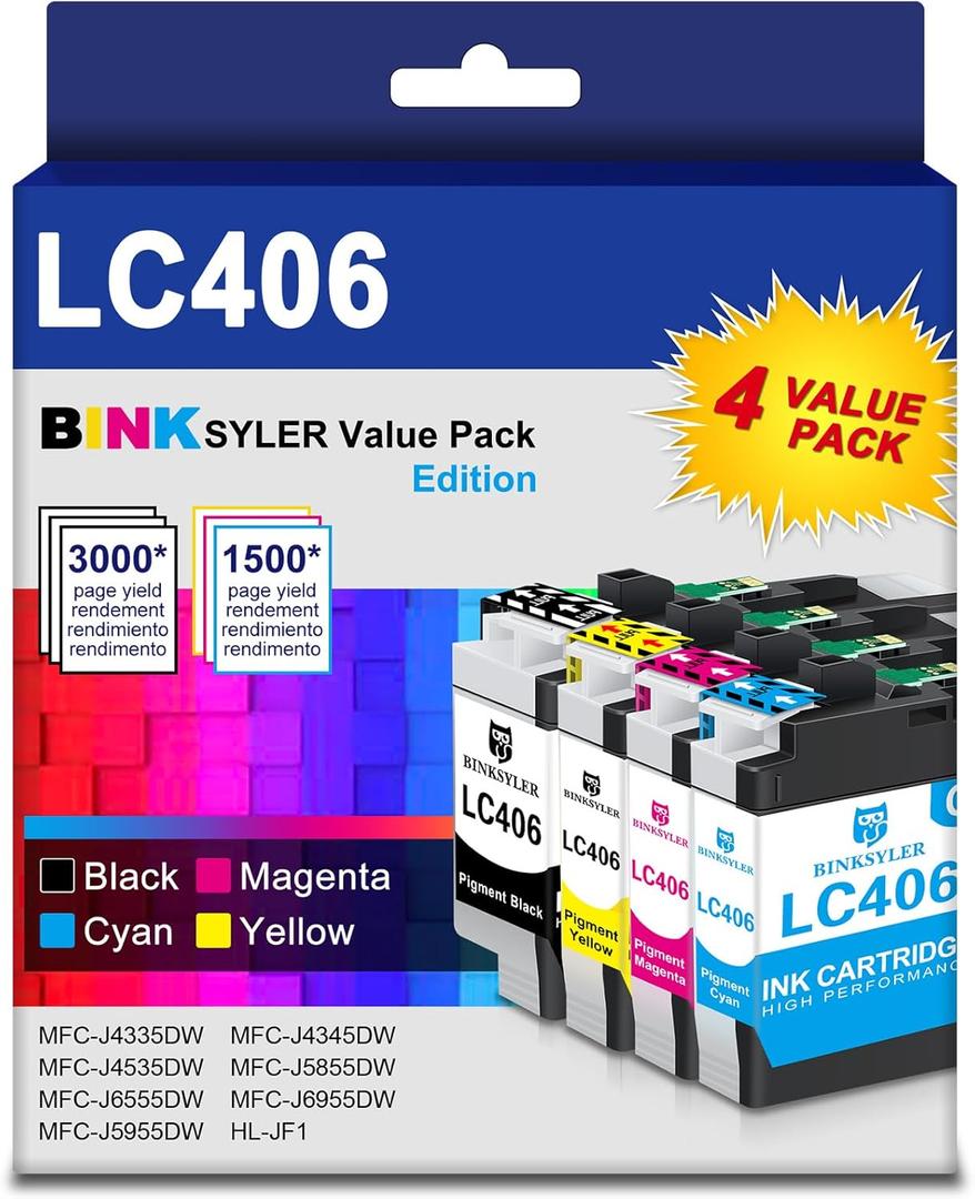 LC406 BK/C/M/Y Ink Cartridges High Yield for Brother MFC-J4335DW MFC-J4535DW MFC-J5855DW MFC-J6555DW MFC-J6955DW Printer 4-Pack