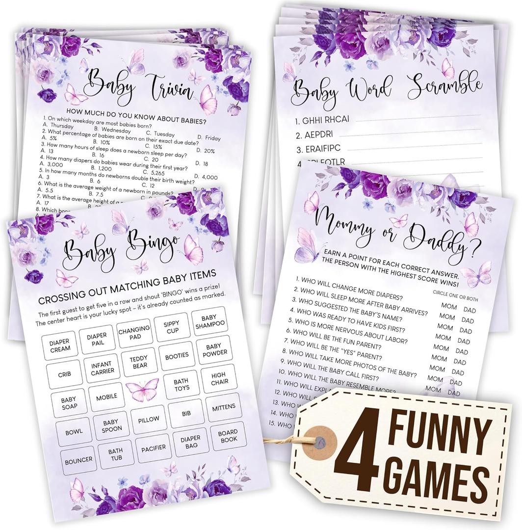Butterfly Baby Shower Games For Girls - 4 Funny Baby Games For Babies Shower Girl, Bingo Cards, Word Scramble Mommy Or Daddy Game, Purple Butterfly Decorations