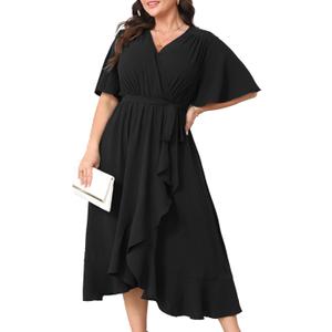 Plus Size Formal Wedding Guest Cocktail Dresses for Curvy Women Maxi Dress Wrap V Neck Short Sleeve (XX-Large Plus, Black)