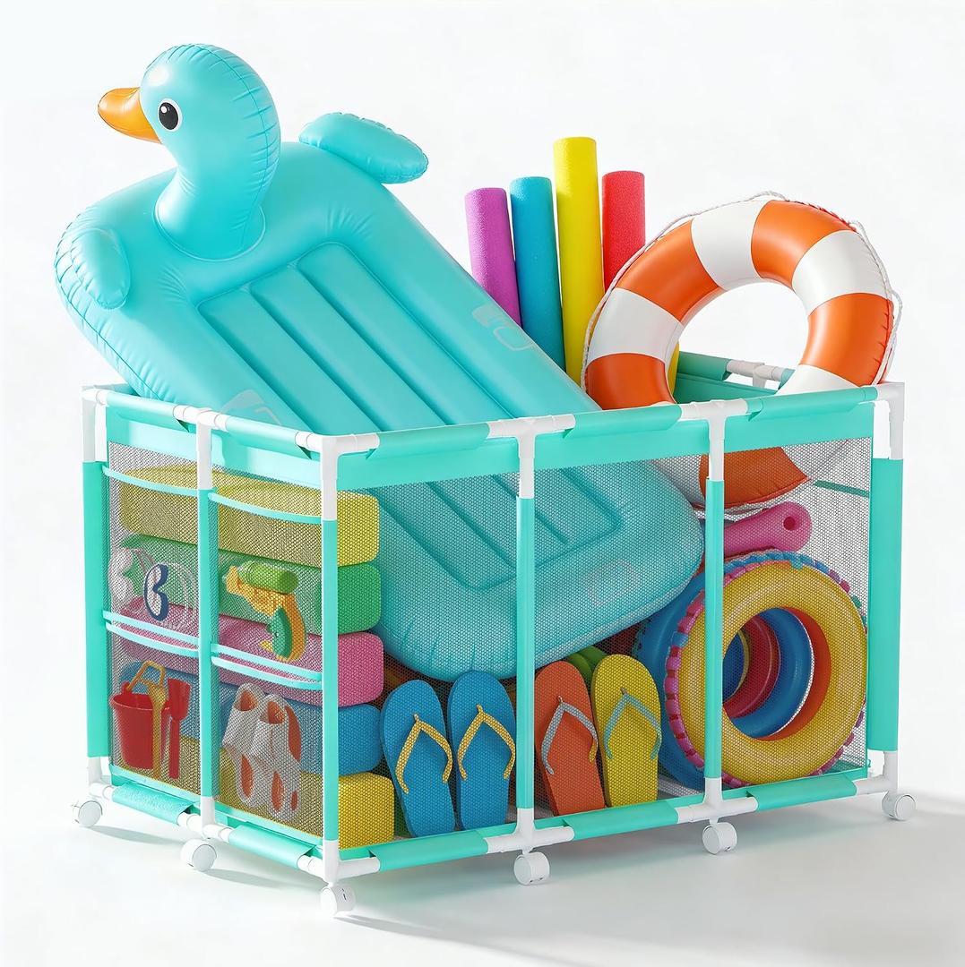 Pool Storage Bin, XXL Large Rolling Mesh Pool Float Storage with 10 Upgraded Wheels, Outdoor Pool Toy Organizer Basket for Noodles, Floats, Goggles & Swimming Accessories, Cyan
