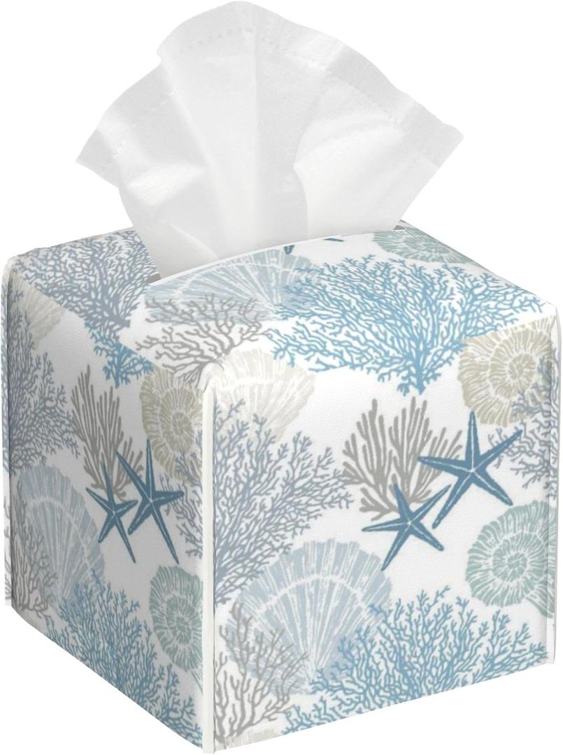 Marine Seashells Tissue Box Cover, Stars Coral Tissue Box Holder Square with Bottom Belt, Organizer Portable Decorative Facial Paper for Bedroom Dresser Night Stand Office Desk,5.2" x 5.2" x 5.2"