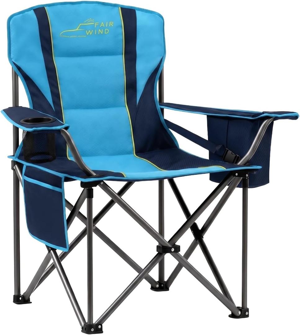 FAIR WIND Padded Camping Chair 500LBS Capacity Heavy Duty Oversized Folding Chair for Heavy People Portable Lawn Chair with Adjustable Lumbar Support, Cooler Bag & Cup Holder for Outdoor, Beach, Single Pack