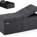 HAUSFRAU 31.5 Inches Ottoman with Storage Bench, Folding Ottoman Bench Small Foot Rest Stool, Bedroom Bench with Flipping Lid, Linen Dark Gray
