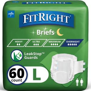 FitRight Extended Wear Overnight Adult Briefs with Tabs, Maximum Absorbency Adult Diapers, Large (60 Count)