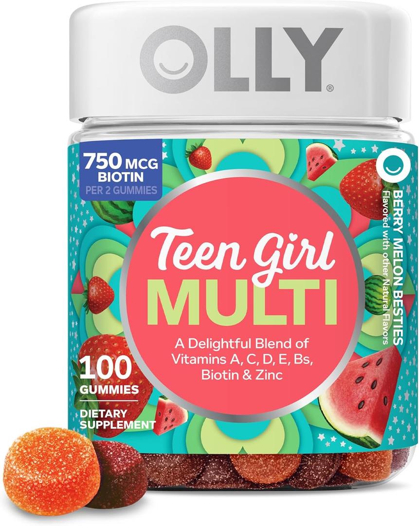 OLLY Teen Girl Multi Gummy, Healthy Skin and Immune Support*, Essential Vitamins, Biotin, Zinc, Chewable Multivitamin, Strawberry Melon Flavored, 50 Day Supply - 100 Count, Best By: April 2027