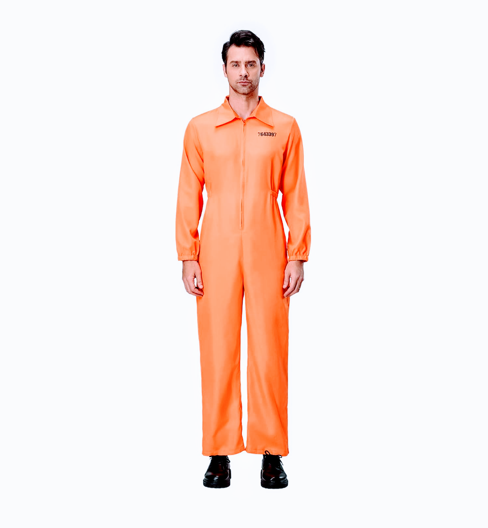 Women Men Prisoner Costume Long Sleeve Orange Jail Uniform Jumpsuit Halloween Funny Inmate Criminal Cosplay Outfits, M