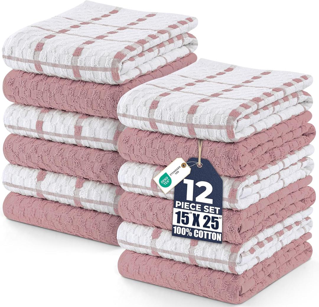 Utopia Towels - Kitchen Towels 12 Pack, 15 x 25 Inches, 100% Ring Spun Cotton Super Soft and Absorbent Linen Dish, Tea and Bar Towels Set, Dusty Pink