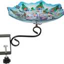 Deck Mounted Bird Bath for Outside, Glass Birdbath Bowl & Birdfeeder with Adjustable Sturdy Metal Clamp for Railing Balcony, 10.5" Dia, Peacock Feather