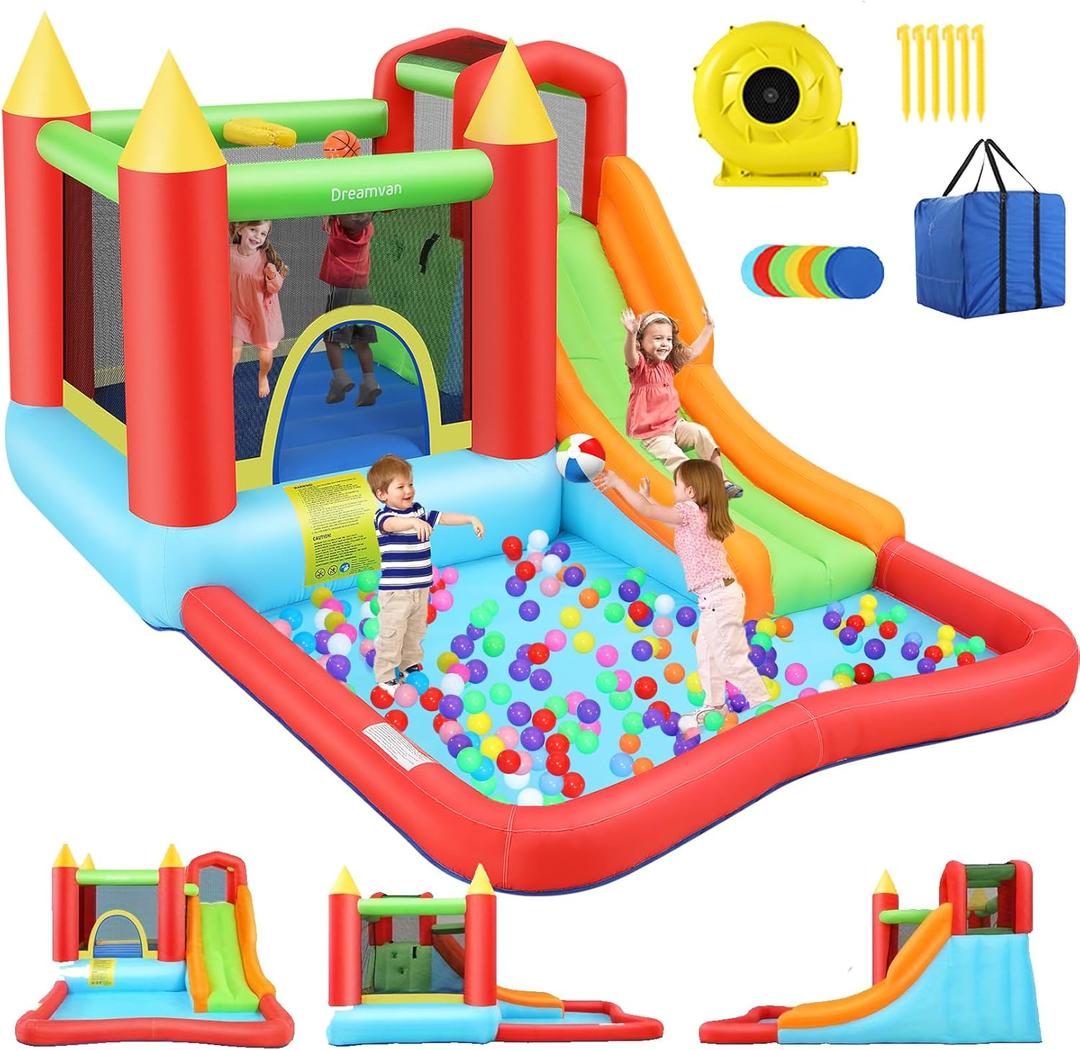 AKEYDIY Inflatable Bounce House for Kids, Fun Jumping Area with Basketball Hoop, Large Pool, Long Slide with Climbing Wall Bouncy House with Air Blower Outdoor Backyard