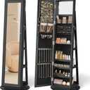 SONGMICS 360 Swivel Jewelry Cabinet, Lockable Jewelry Organizer with Full-Length Mirror, Rear Storage Shelves, Interior Mirror, Jewelry Armoire, Gift Idea, Black UJJC006B01