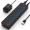 USB hubPowered USB hub, 11-Port hub Splitter10 USB 3.0 Data Transfer Port + 1 Smart Charging Port, Independent Switch (with LED Working Indicator) USB 3.0 Hub Powered with Power Adapter for Mac/PC