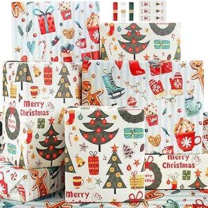 Pack of 2 Layninder Christmas Wrapping Paper, 8 Sheets Vintage Kraft Wrapping Paper w/Tags Stickers Rope, Xmas Paper w/Santa Reindeer Merry Christmas, Gift Paper for Holiday (27.6x19.7in, Folded)