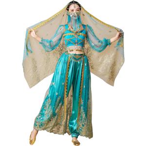 Women's Aladdin Jasmine Princess Dress Up Party Belly Dance Halloween Performance Costumes Cosplay Outfits (Medium, 04-dark Green)