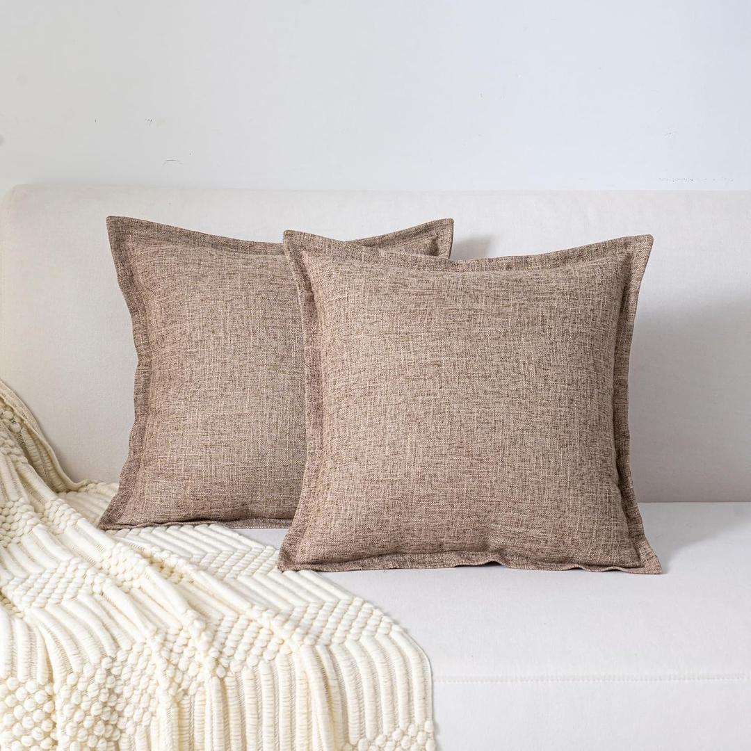 18"X18" Pack of 2, Decorative Linen Soild Throw Pillow Covers with Stylish Flange Edge Cozy Farmhouse Neutral Pillowcase for Couch Sofa Bedroom Living Room Home Décor Light Brown