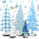 BBTO 5 Pcs Winter Tabletop Decorations Blue Tree Table Sign Christmas Tree Wooden Tiered Tray Snowflakes Centerpiece for Home Indoor Winter Xmas Holiday Party Supplies