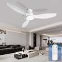 52" White Low Profile Ceiling Fan with Lights and Remote | Flush Mount, ABS Blades, Dimmable, 6 Speed, Quiet DC Motor, Timer, Modern, For Bedroom Living Room Farmhouse