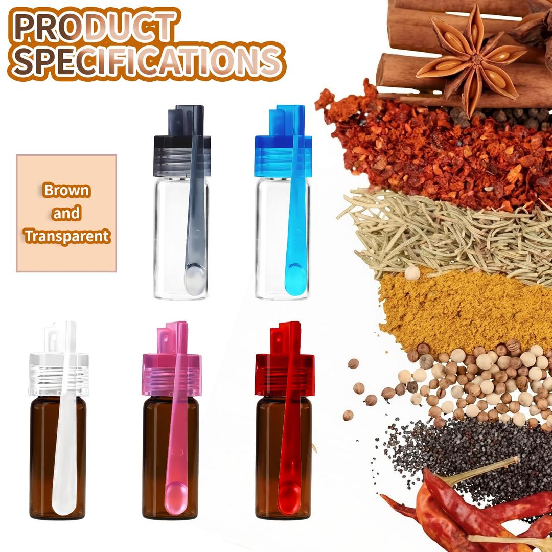 Fampery 5 PCS Mini Spice Containers with Spoon – LeakProof & Portable Travel Spice Dispenser Set for On the Go, Camping, Kitchen & Outdoor – Small Spice Storage Bottles with 2 Cleaning Brushes