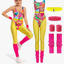 Womens Aerobics Costume 80s Workout Outfit 90s Accessories Set Retro Jogging Suit Waist Bag Gym Yoga Running, large