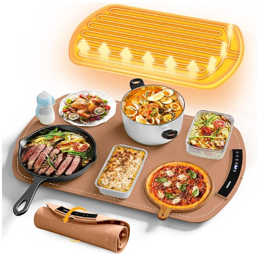 Food Warming Mat, Electric Warming Tray for Buffets & Parties, Silicone Heating Mat for Food with 9 Temperature Settings, Roll-Up Storage, 25.8"x15.6", Brown