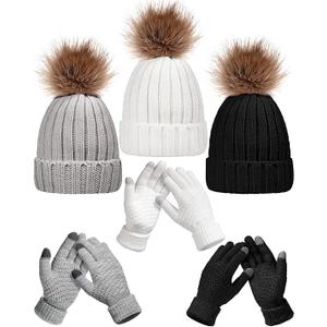 6 Pcs Winter Beanie Hat Gloves Set Pom Knit Unisex Warm Fleece Lined Hat Touchscreen Gloves for Women Men Couples Friends